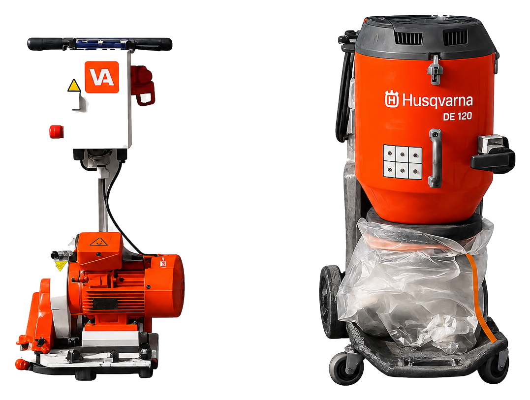Onze freesmachine en Husqvarna DE 120 stofafzuiging