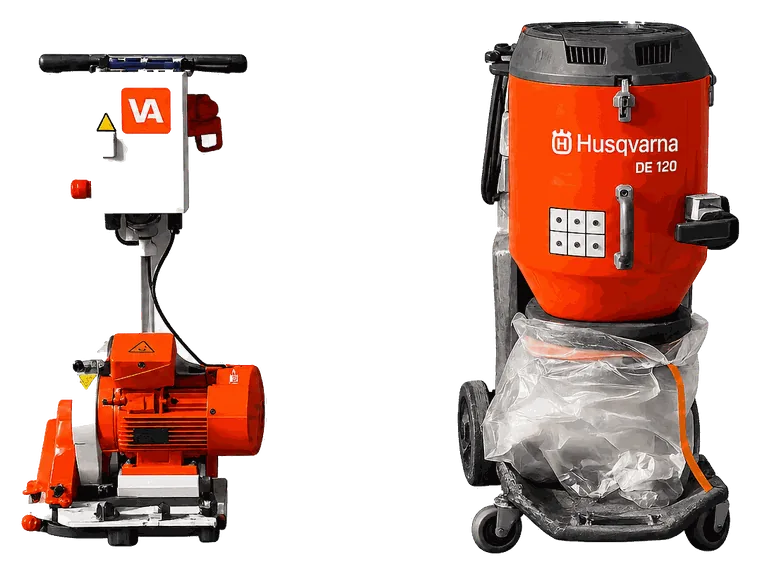Onze freesmachine en Husqvarna DE 120 stofafzuiging